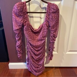 Oh Polly Leopard Print Mesh Ruched Bodycon Mini Dress Purple